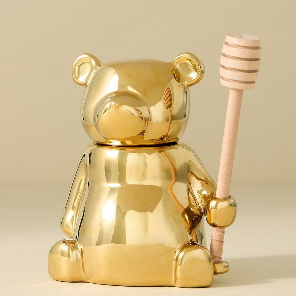 NWT Anthropologie Gold Metallic Bear Honey Pot Stoneware Wood Dipper